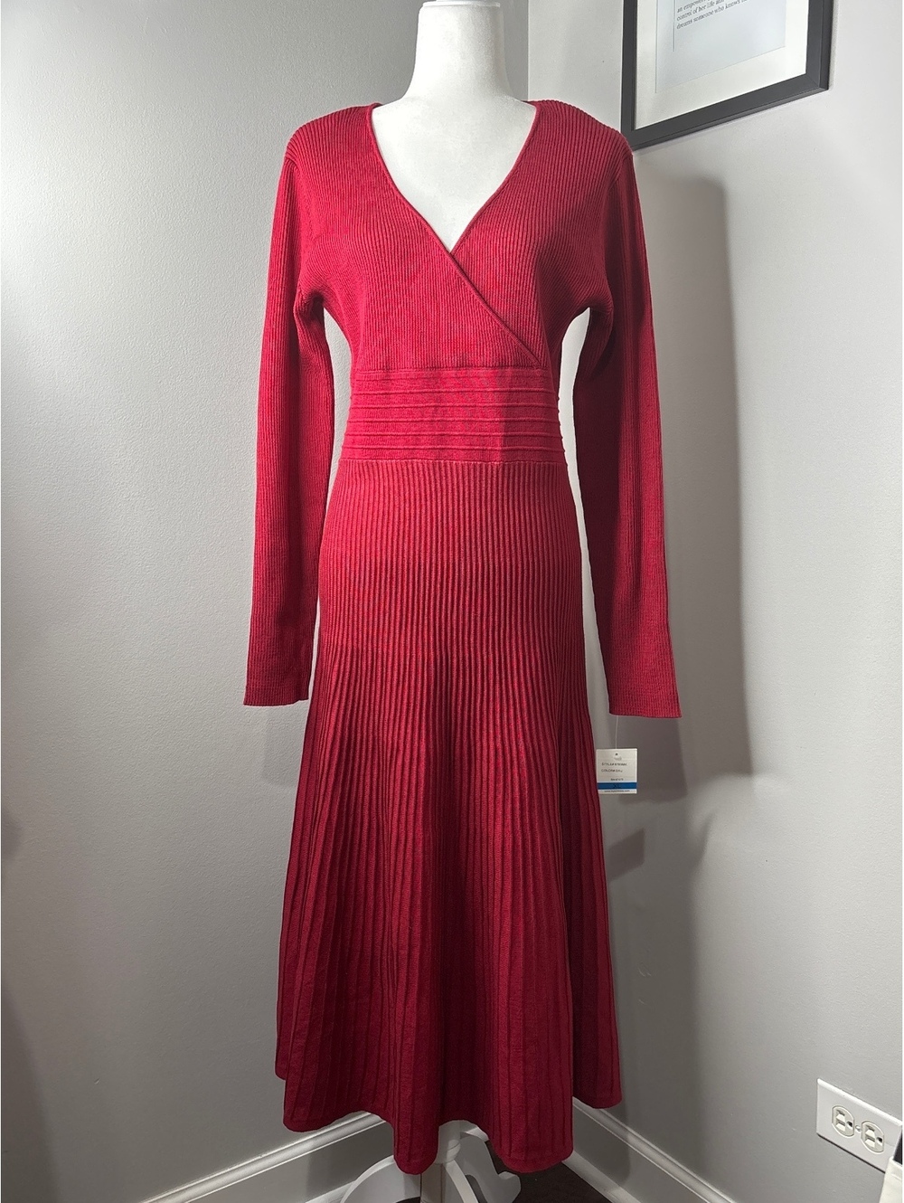 Taylor Red Long Sleeve Ribbed Knit Midi Dress XL
